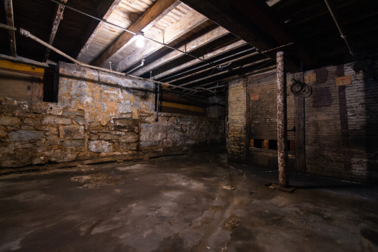 A dimly lit basement with decaying walls illustrates the eeriness that comes with basements that have issues like mold, water, or other problems.