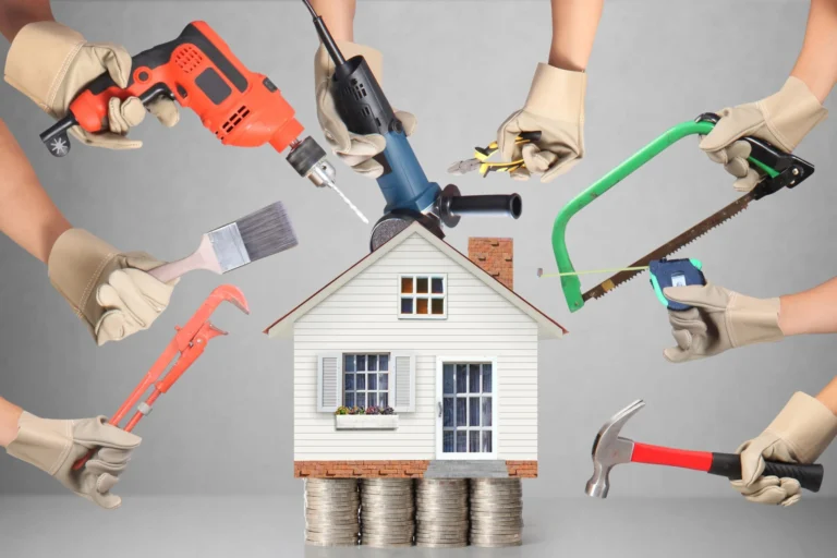 A small home is surrounded by hands holding various tools used to repair damage.